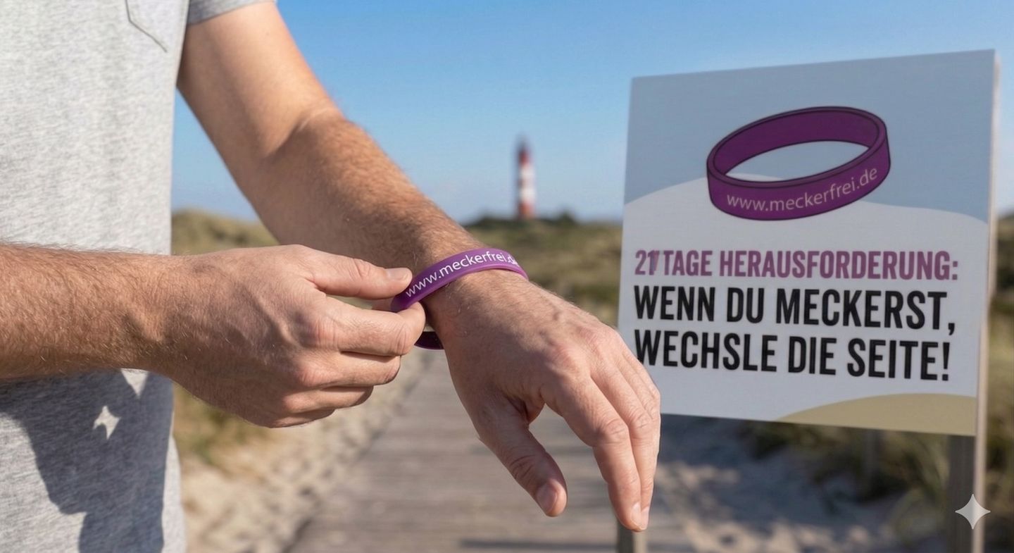 Amrum Meckerfrei. Nahaufnahme von Händen, die ein violettes Silikonarmband mit der Aufschrift 'www.meckerfrei.de' an ein Handgelenk legen. Daneben steht ein Schild mit der Aufschrift: '21 TAGE HERAUSFORDERUNG: WENN DU MECKERST, WECHSLE DIE SEITE!', das auch das Armband zeigt. Der Mann steht auf einem Holzsteg, der durch Dünen führt, mit einem Leuchtturm im Hintergrund unter klarem blauen Himmel.