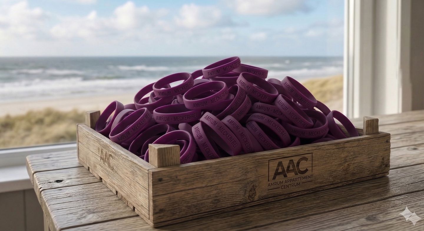 Eine flache Holzkiste mit dem eingebrannten Logo 'AAC Amrum Appartement Centrum' steht auf einem Holztisch vor einem Fenster. Die Kiste ist gefüllt mit vielen lila Silikonarmbändern, die die Aufschrift 'AMRUM - MECKERFREI' tragen. Durch das Fenster im Hintergrund blickt man auf einen Sandstrand, Dünen und das Meer unter einem leicht bewölkten Himmel. Amrum Meckerfrei.