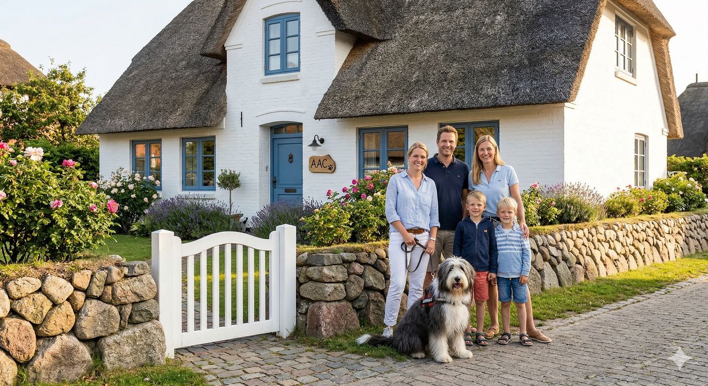 Glückliche Familie mit Hund vor traditionellem Reetdachhaus mit "AAC" Schild in Nebel – Hundefreundliche Ferienwohnungen auf Amrum buchen
