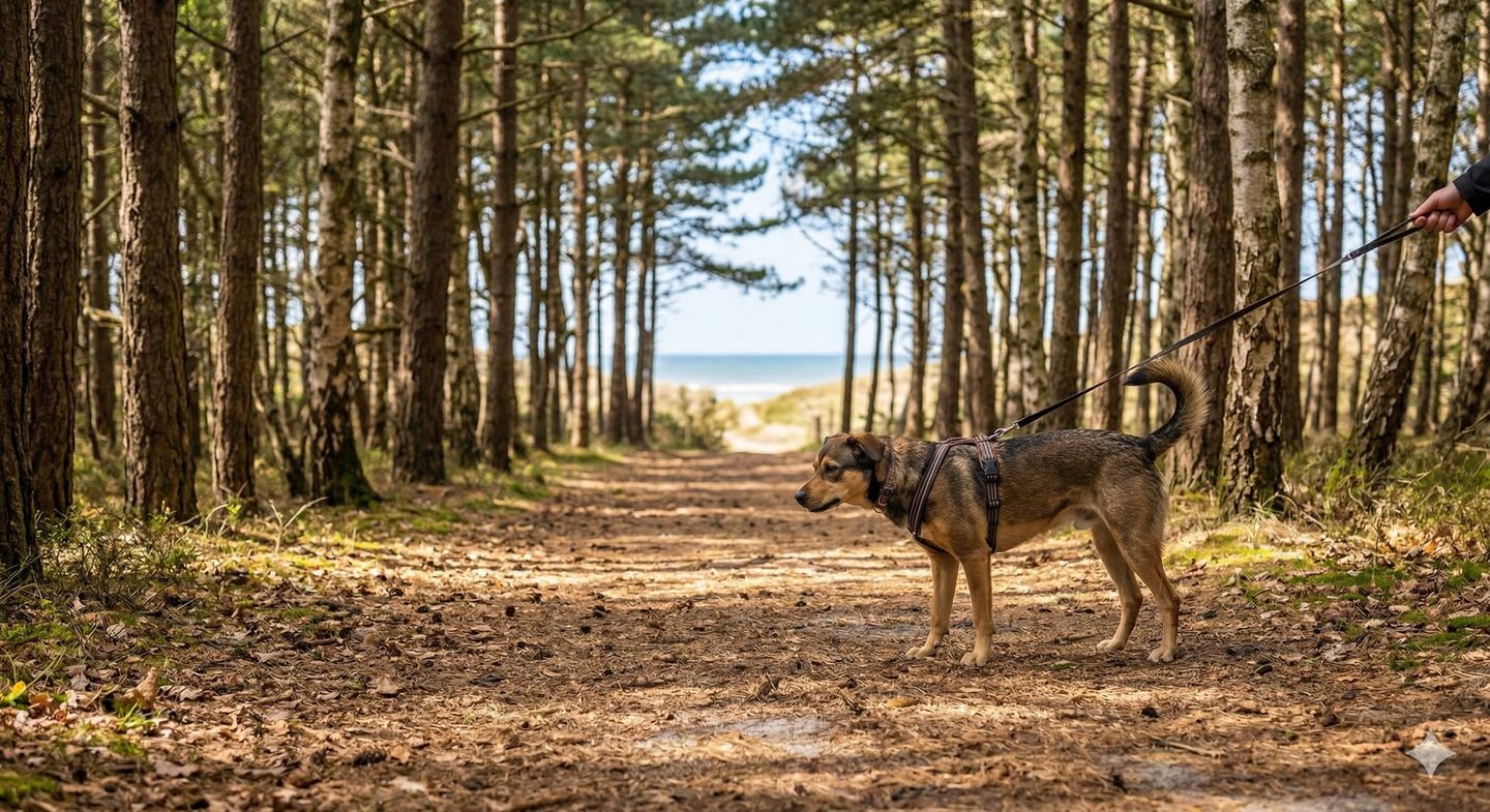 Mischlingshund läuft auf Waldweg im Amrumer Wald, Blick auf die Nordsee am Horizont – Windgeschützte Gassi-Routen auf Amrum