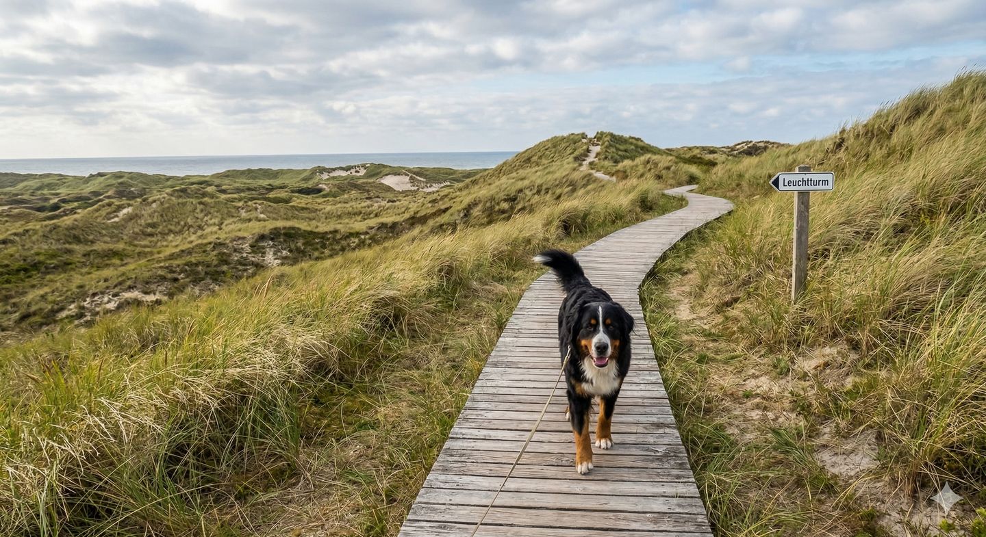 Hund spaziert auf Holzbohlenweg durch die hohen Dünen von Amrum, Blick auf die Nordsee – Gassi gehen im Nationalpark Wattenmeer