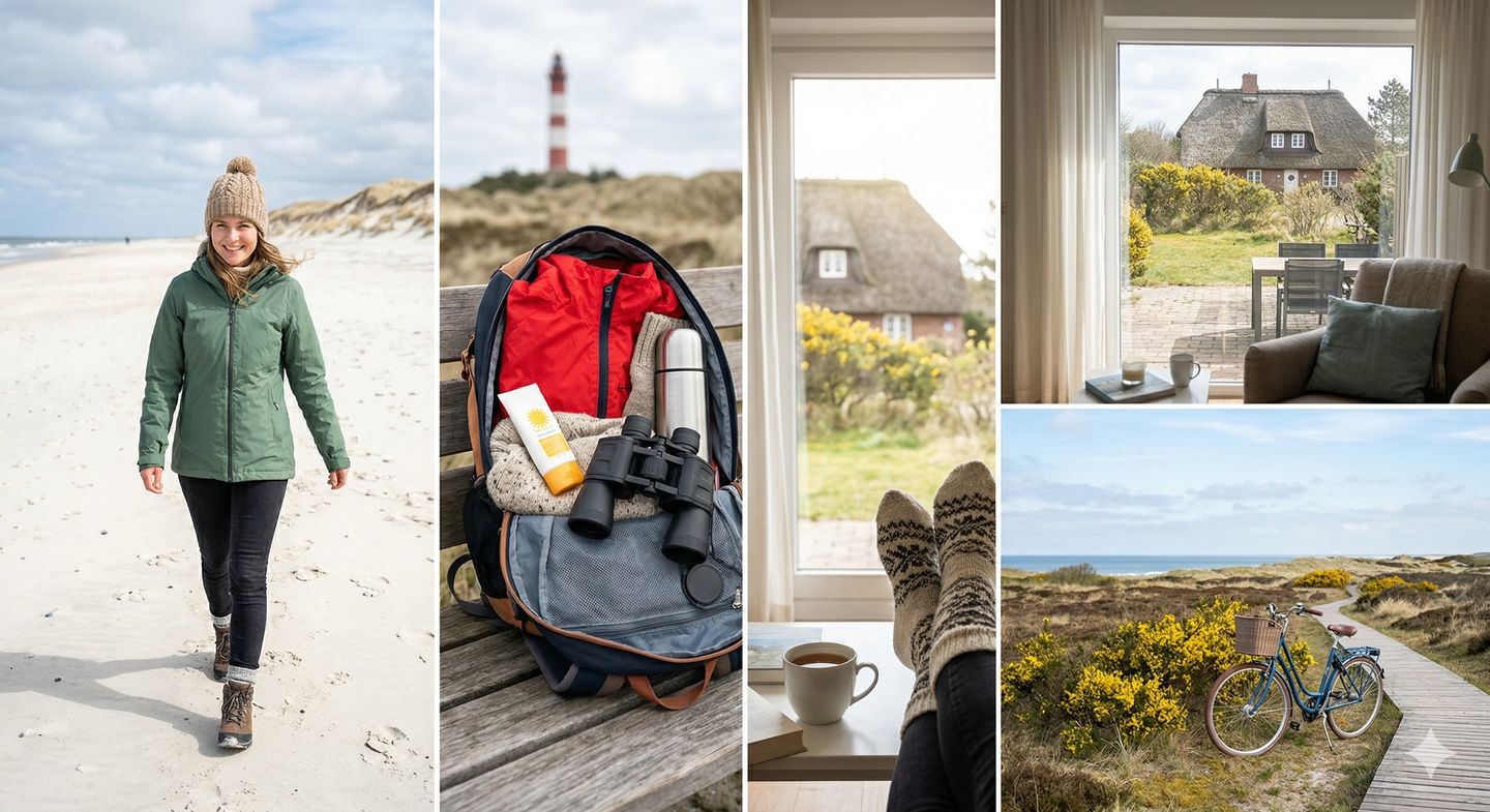 Fahrrad an einem Bohlenweg durch die blühende Dünenlandschaft im Amrum-Frühling., Urlauberin am Kniepsand auf Amrum im winddichten Zwiebellook für den Frühling Wanderrucksack mit Fernglas, Thermoskanne und Sonnencreme für Naturerkundungen auf Amrum, Gemütliche Ferienwohnung auf Amrum mit Blick auf Friesenhäuser und Füßen in dicken Socken, 