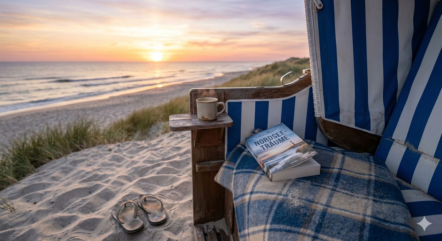 Blau-weiß gestreifter Strandkorb am Strand von Amrum. Buch liegt im Strandkorb, Sonnenuntergang Meer und Strand.