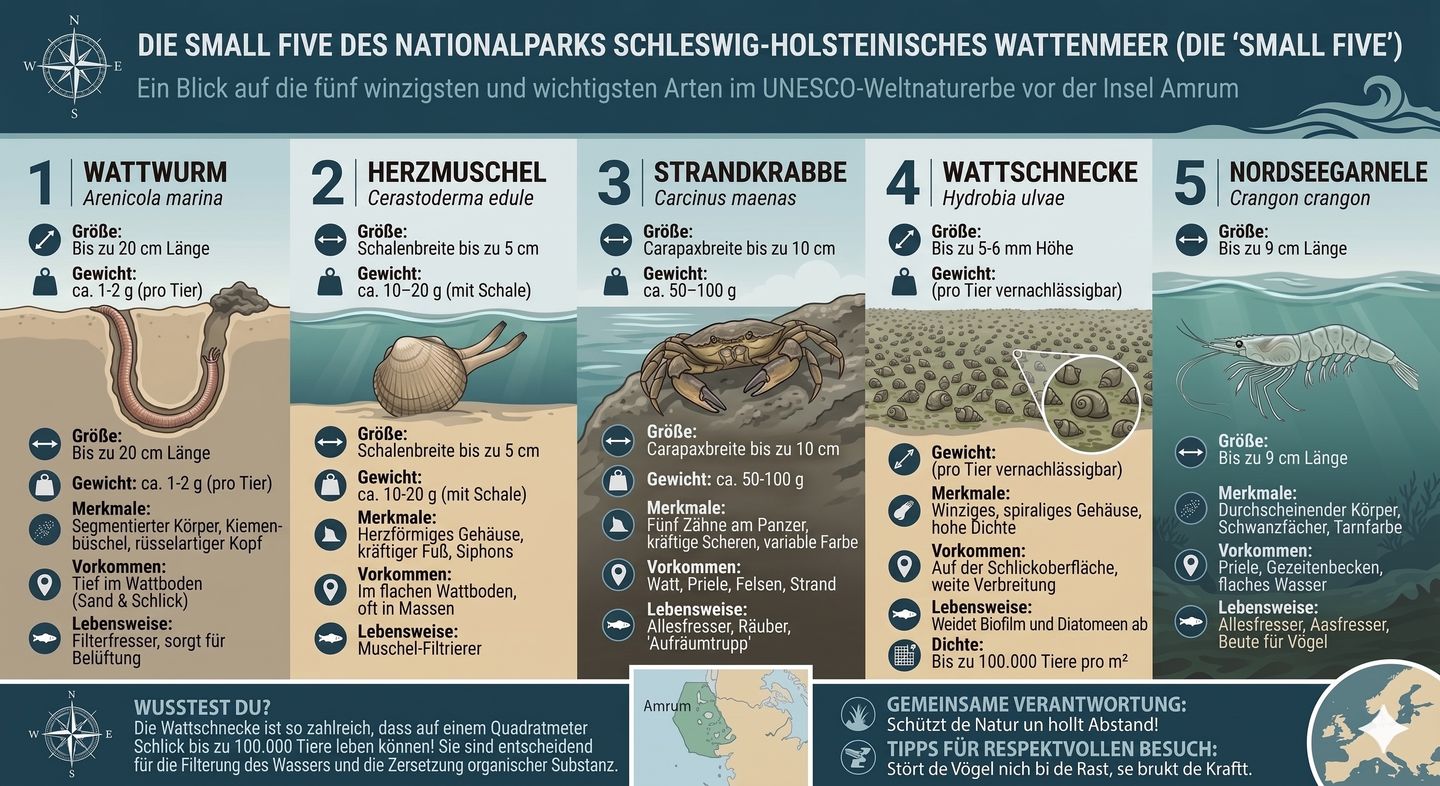 Infografik zum Thema Small Five Tiere im Weltnaturerbe Schleswig-Holsteinisches Wattenmeer