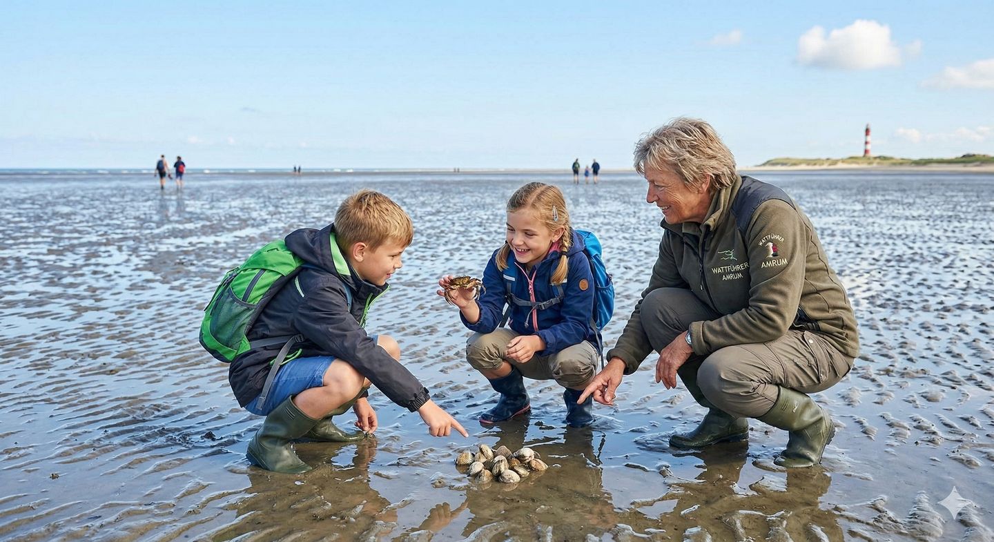 Wattführerin zeigt Kindern den Lebensraum Wattenmeer bei einer Wattwanderung