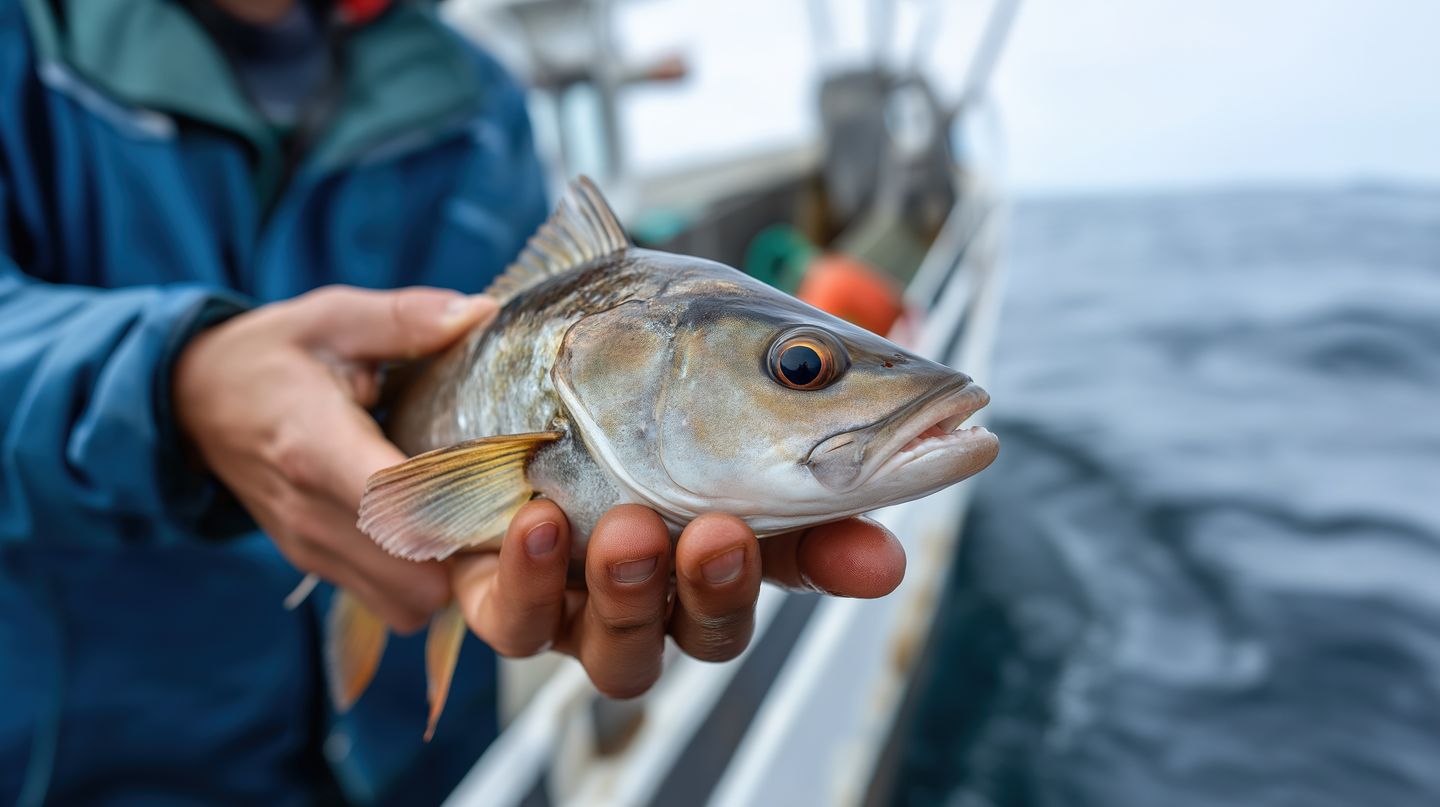 Angeln auf Amrum Fisch in den Händen eines Fischers auf einem Kutter auf Amrum