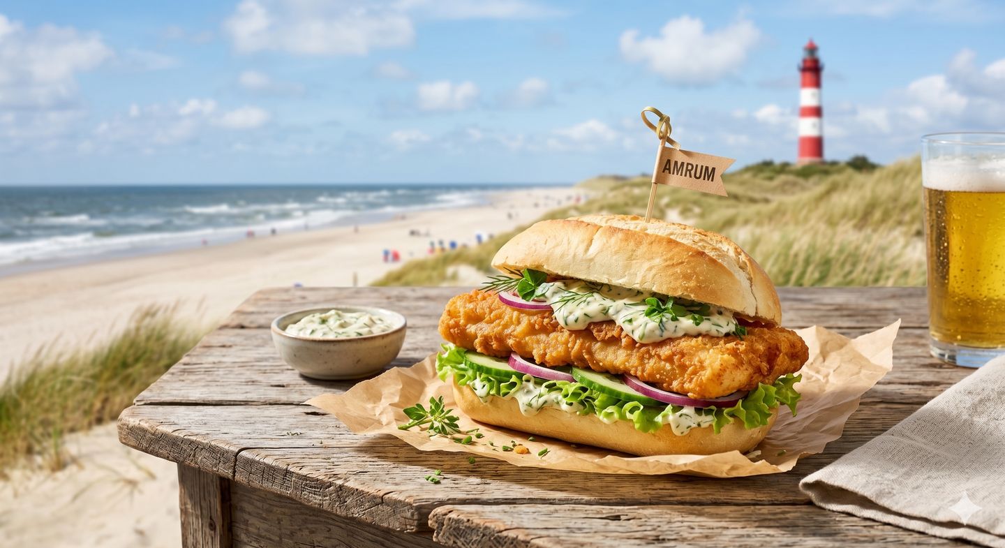 Fischbrötchen in den Dünen von Amrum im Hintergrund der Leuchtturm