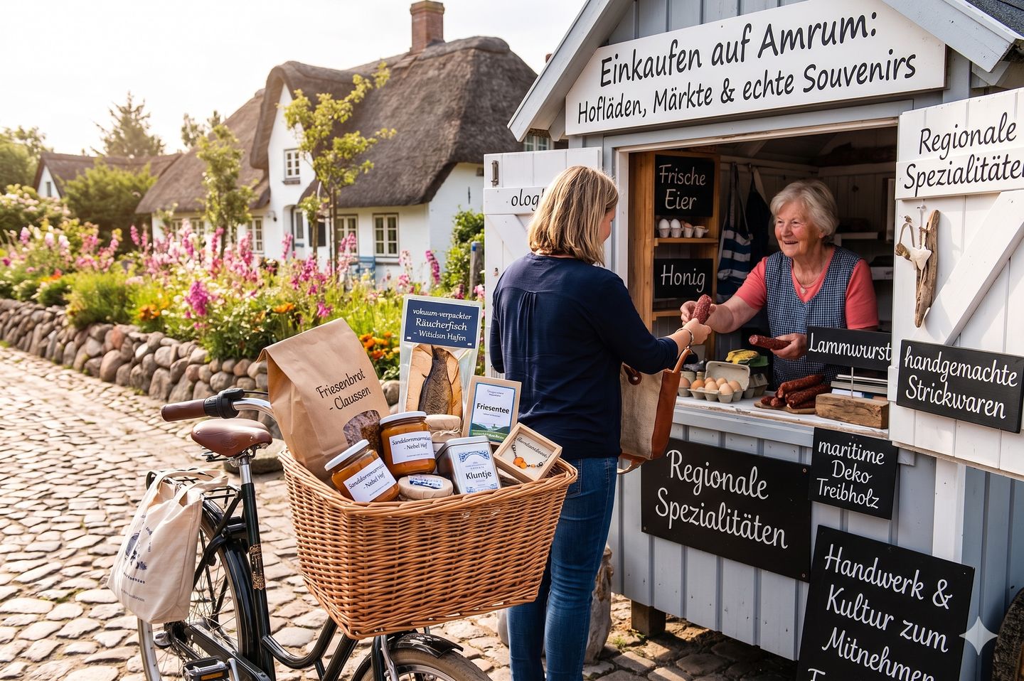 Einkaufen auf Amrum. Kleiner Stand mit Souvenirs. KI generiertes Bild