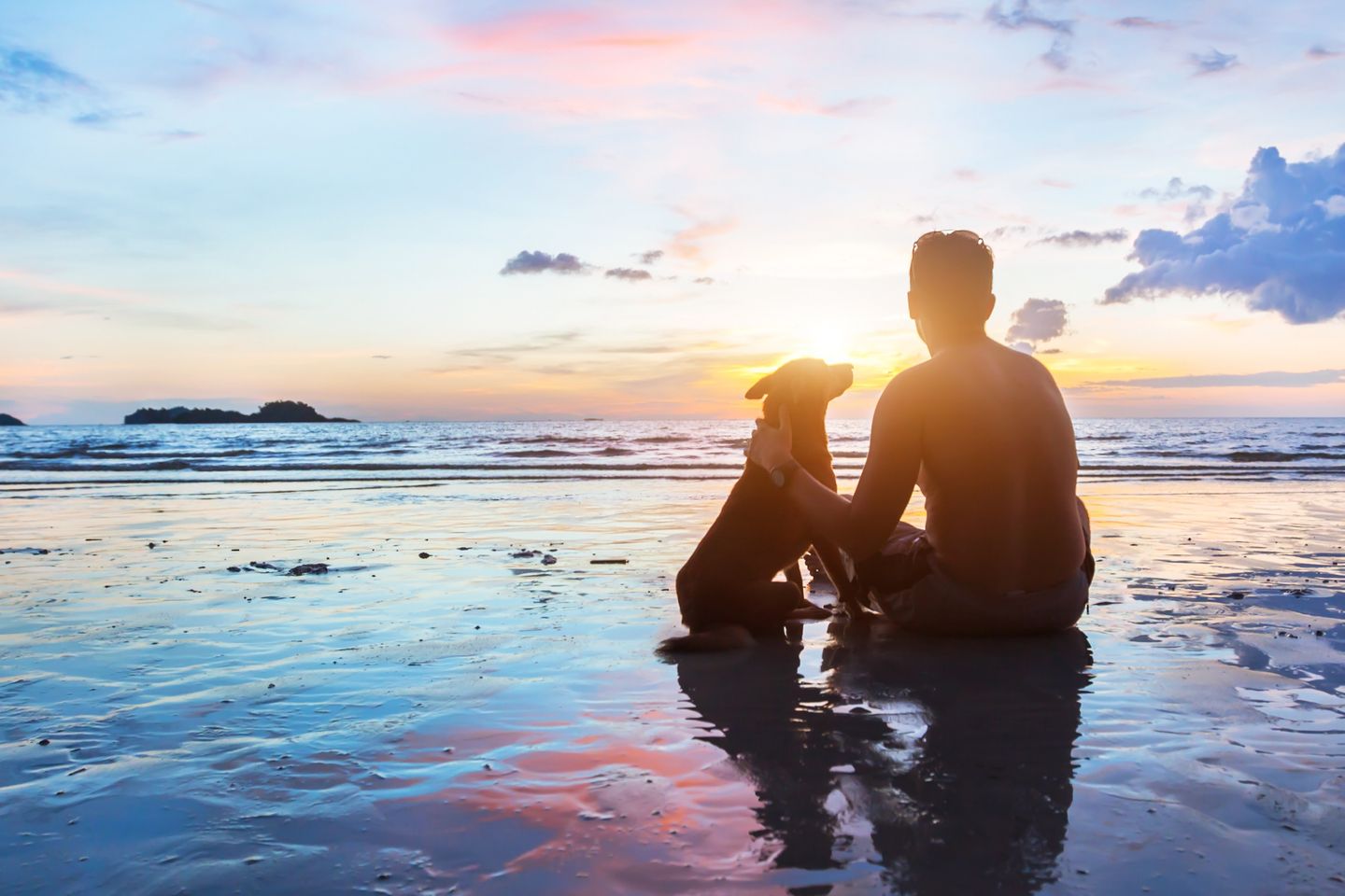 Alleinreisender Single mit Hund bei Sonnenuntergang am Strand von Amrum
